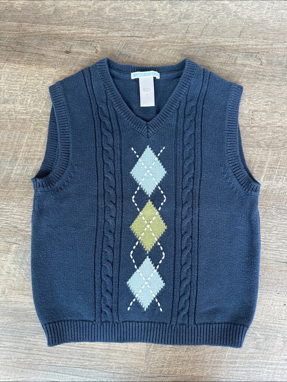 EUC Janie and Jack Navy Argyle Cable-Knit Kids Sweater Vest Size 6